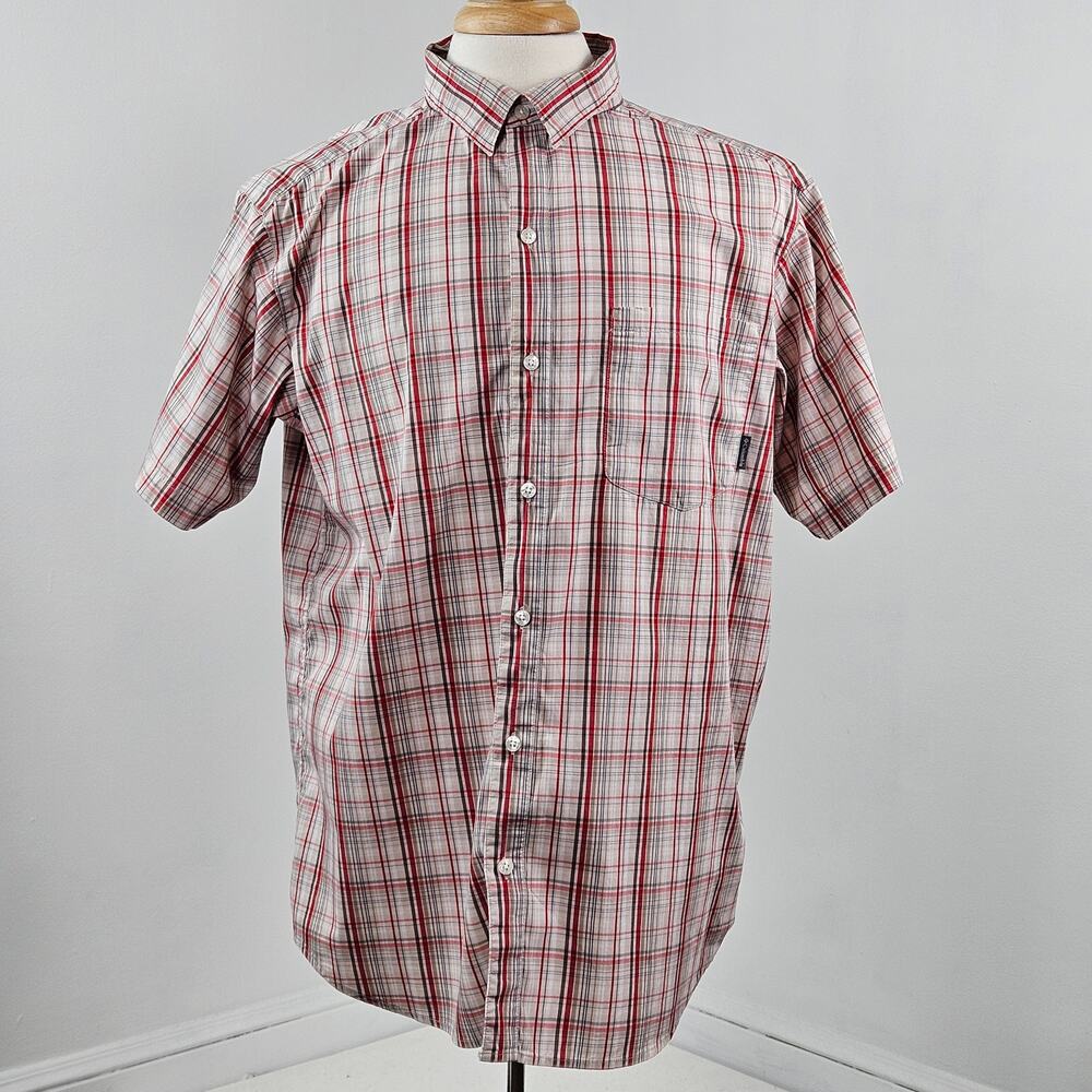 Columbia Short Sleeve Outdoor Button-up Plaid Shirt Red Tan | Men's Large